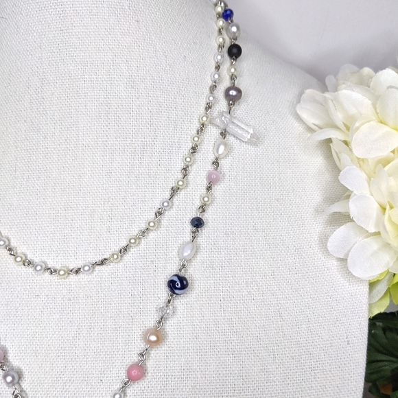 Long freshwater pearl necklace with pink,blue and black beads. Handmade by me. - Picture 7 of 7